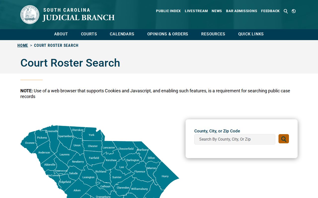 Anderson County warrant records: South Carolina court roster county and city selector