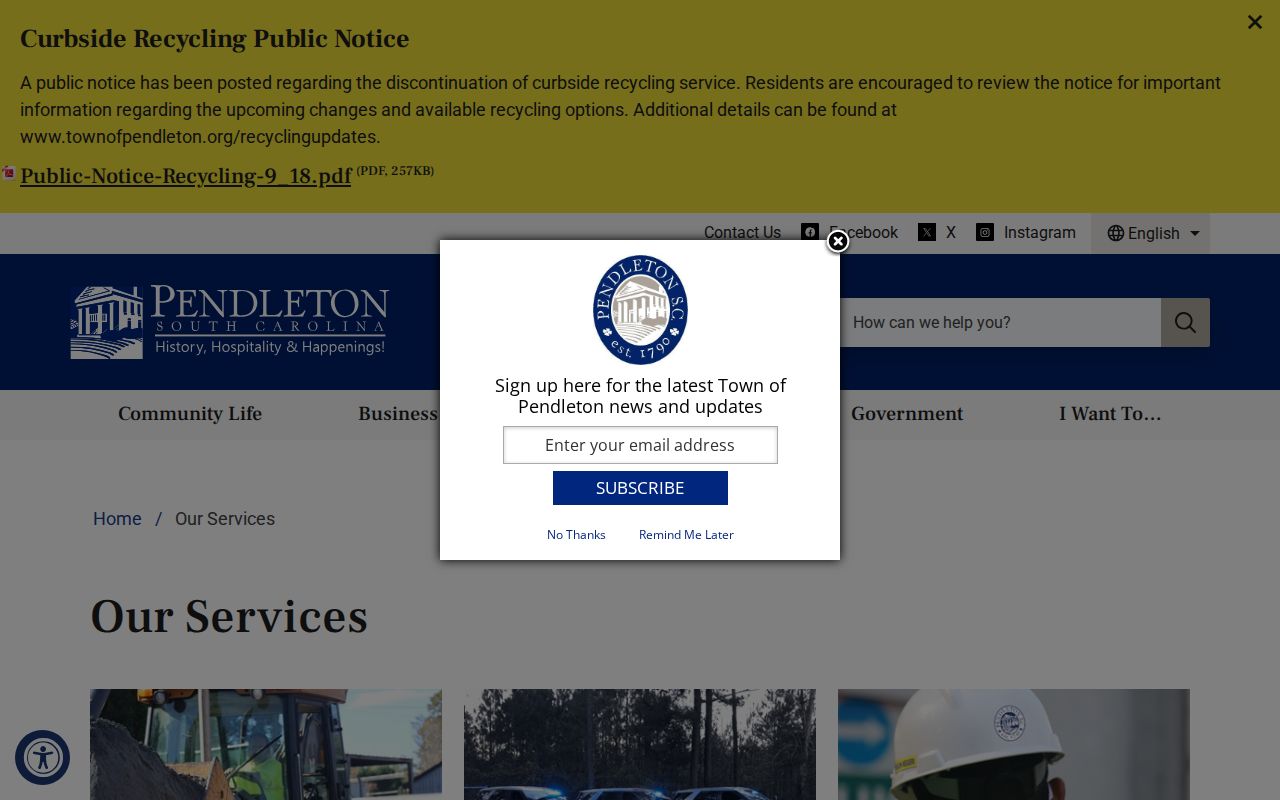 Pendleton warrant records: town services page linking official police and report channels
