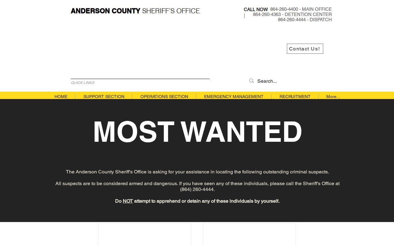 Anderson County Most Wanted program: official page heading and public safety warning